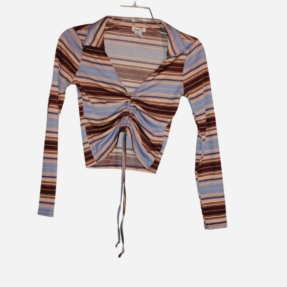 Ribbed Striped Crop Top - Cinched Front Size Extra Small